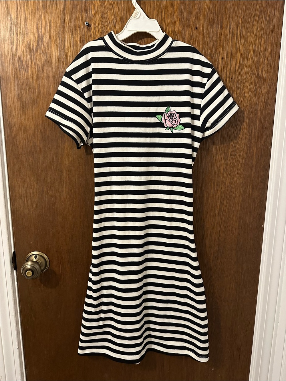 Lazy Oaf Black and White Striped Tee Dress with Pink Rose Patch
